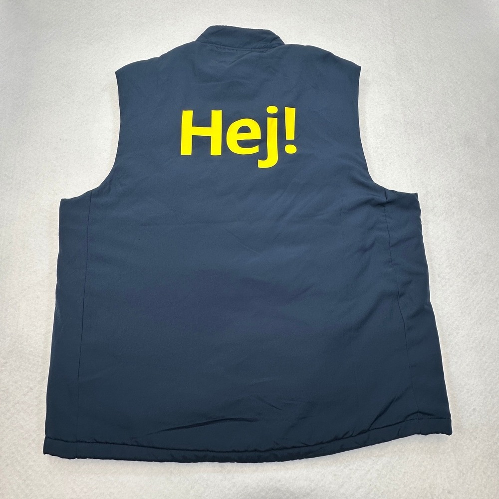 IKEA Padded Vest Mens XL Navy Blue‎ Full Zip Hej Back Graphic Employee Workwear